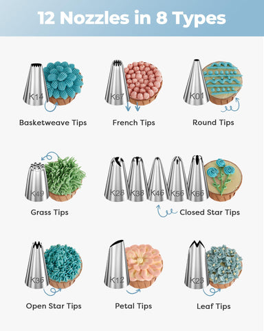 Kootek icing tips set with 12 numbered nozzles for precise designs