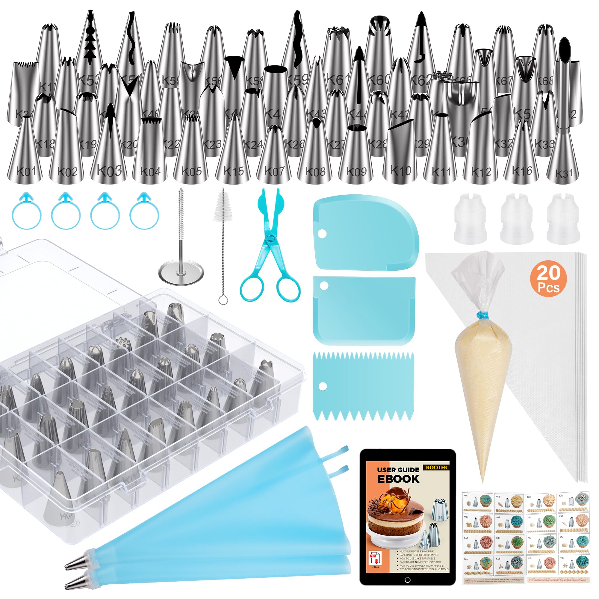 Kootek 90-pcs piping bags and tips set for versatile cake decorating.