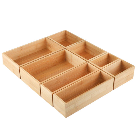 Kootek bamboo drawer organizer 8pc set shown in a tidy kitchen drawer for easy access.