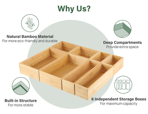 Kootek bamboo divider 10x3-2-5in showcases compact storage for small items.