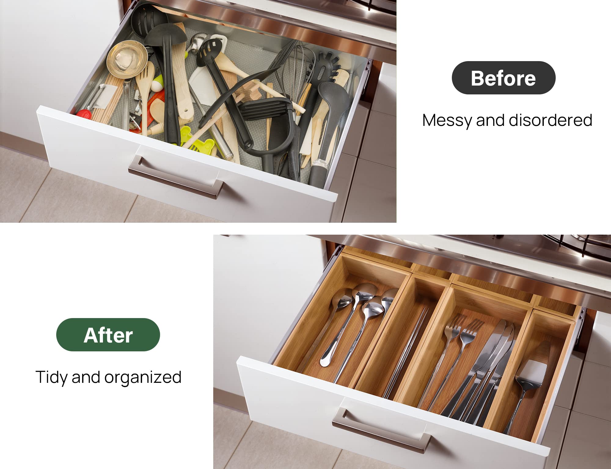 Kootek drawer tray 6x5-2-5in organizes in-between sizes for utensils.