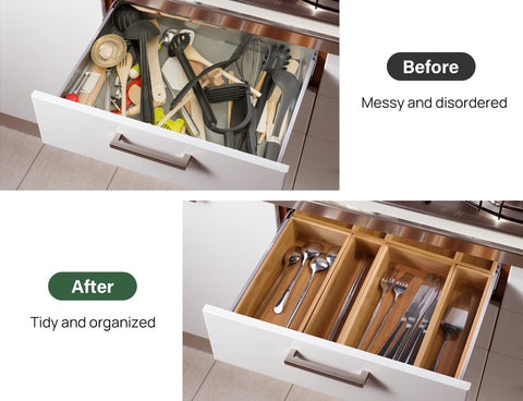 Kootek drawer tray 6x5-2-5in organizes in-between sizes for utensils.
