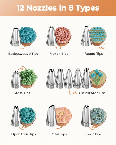 Kootek set of 12 numbered piping tips enables varied borders and floral designs.