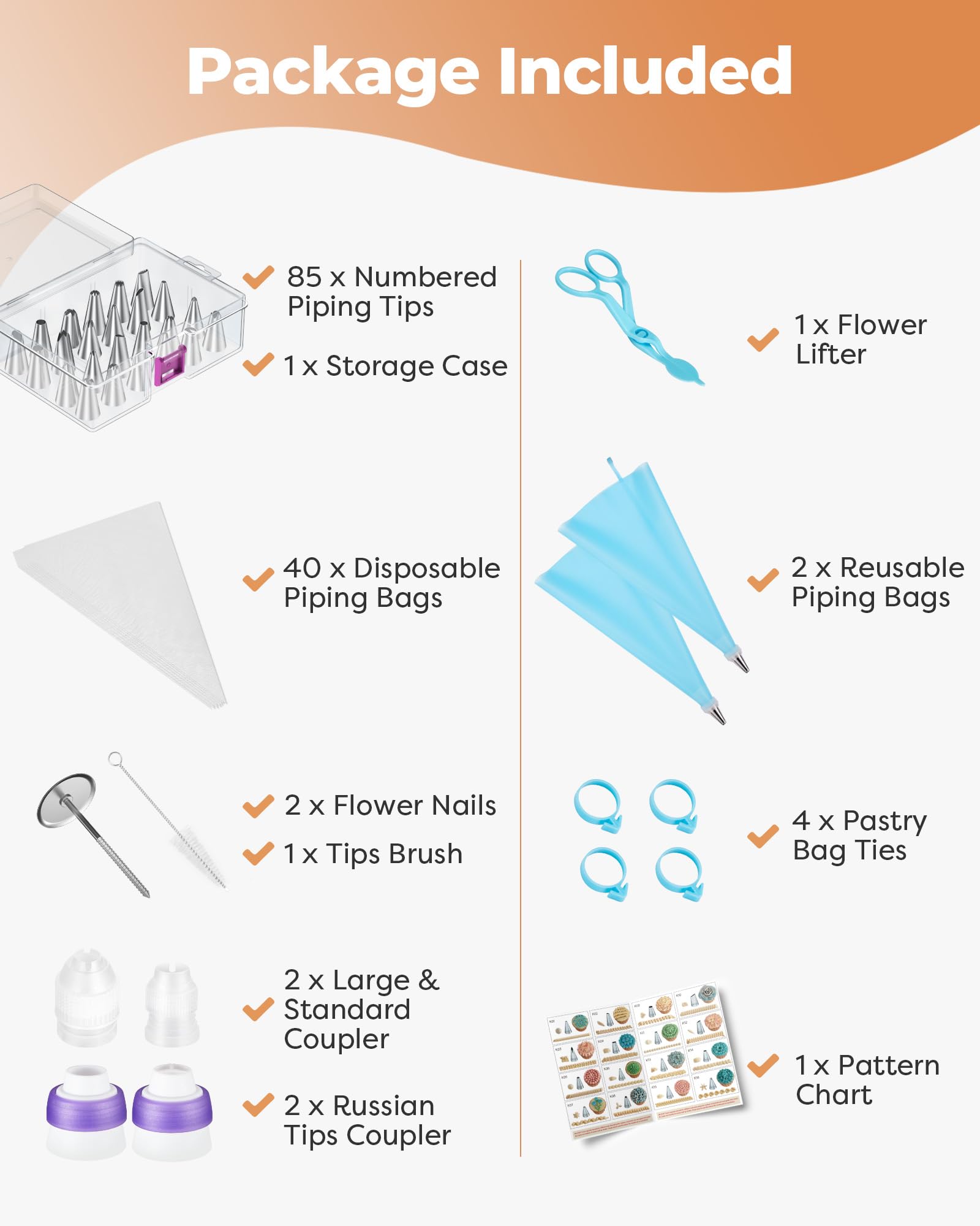 Kootek pattern chart guides creating varied piping designs.
