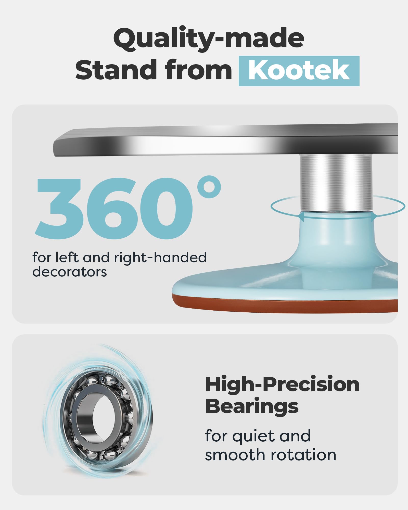 Kootek rotating turntable with ball bearings enables smooth, even icing from all angles.