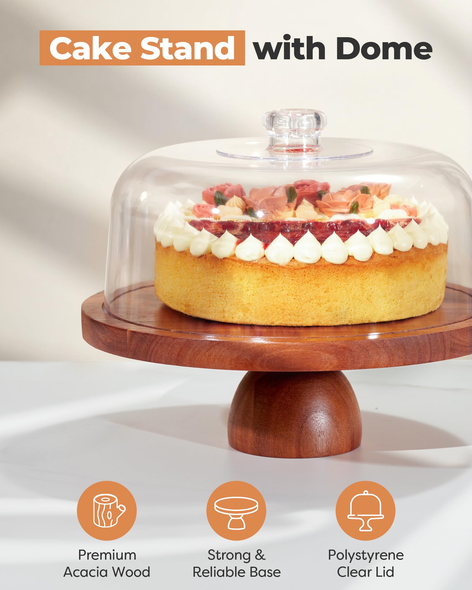 Kootek wood cake stand with lid dome closeup highlighting durable cover