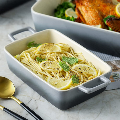 KOOV gradient gray table-ready bakeware adds subtle style to meals.