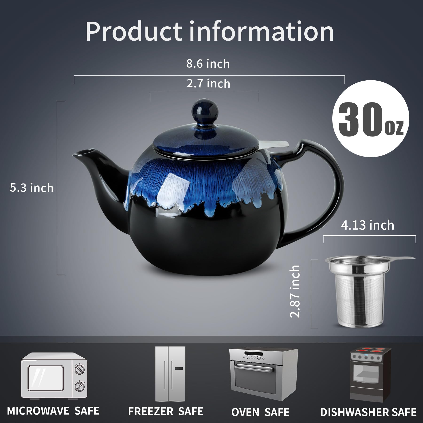 KOOV porcelain teapot with large insulated handle for comfortable pouring.