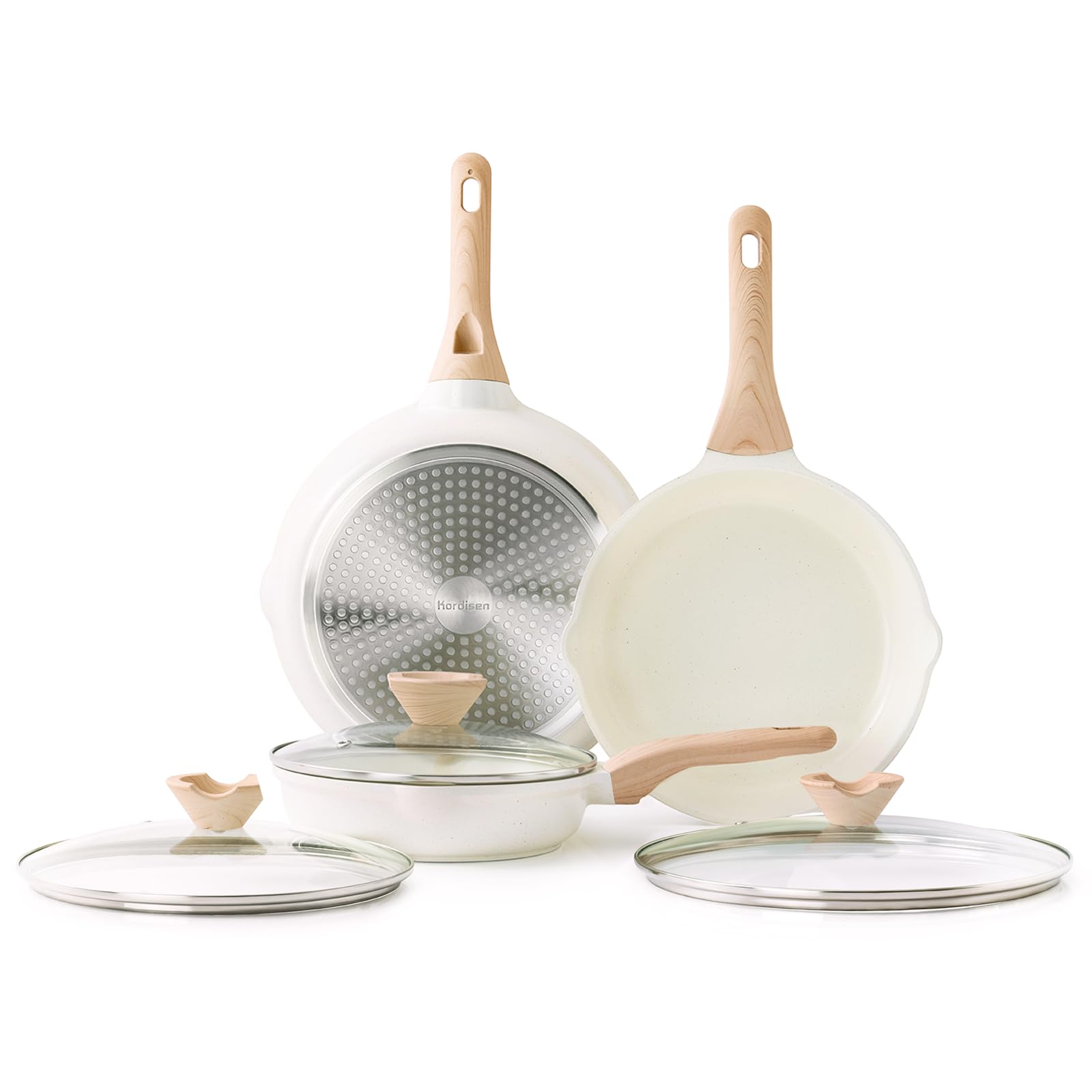 Kordisen ceramic nonstick frying pan with lid cooks evenly and cleans easily.
