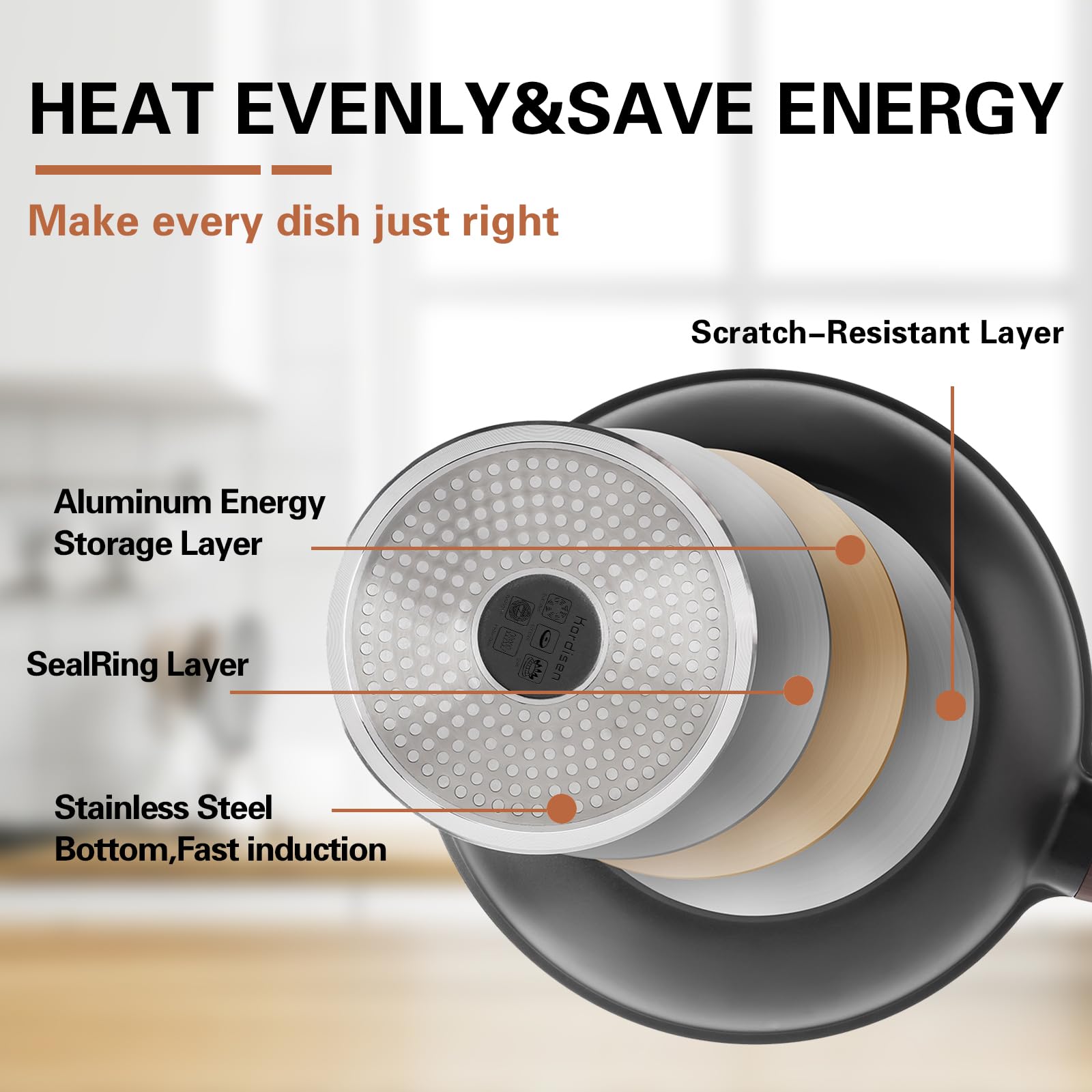Ergonomic bakelite handle on the Kordisen wok stays cool during cooking.