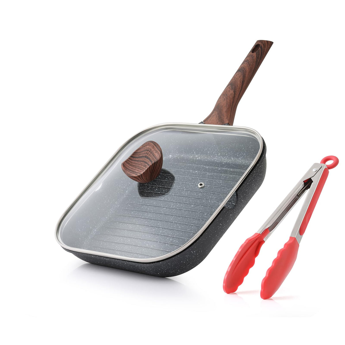 Kordisen grilling pan with lid on, efficient pour spouts for healthier cooking