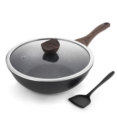 Kordisen 12-inch nonstick wok with lid showing granite coating for even heat and easy release.