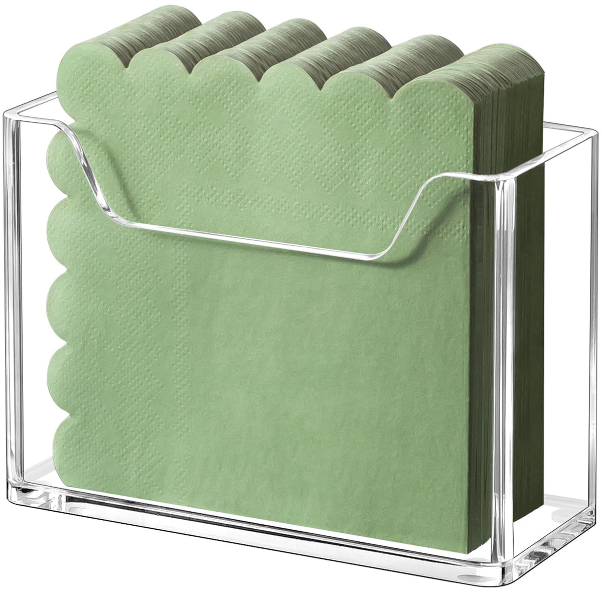 Kordory acrylic cocktail napkin holder stands vertically to save counter space.