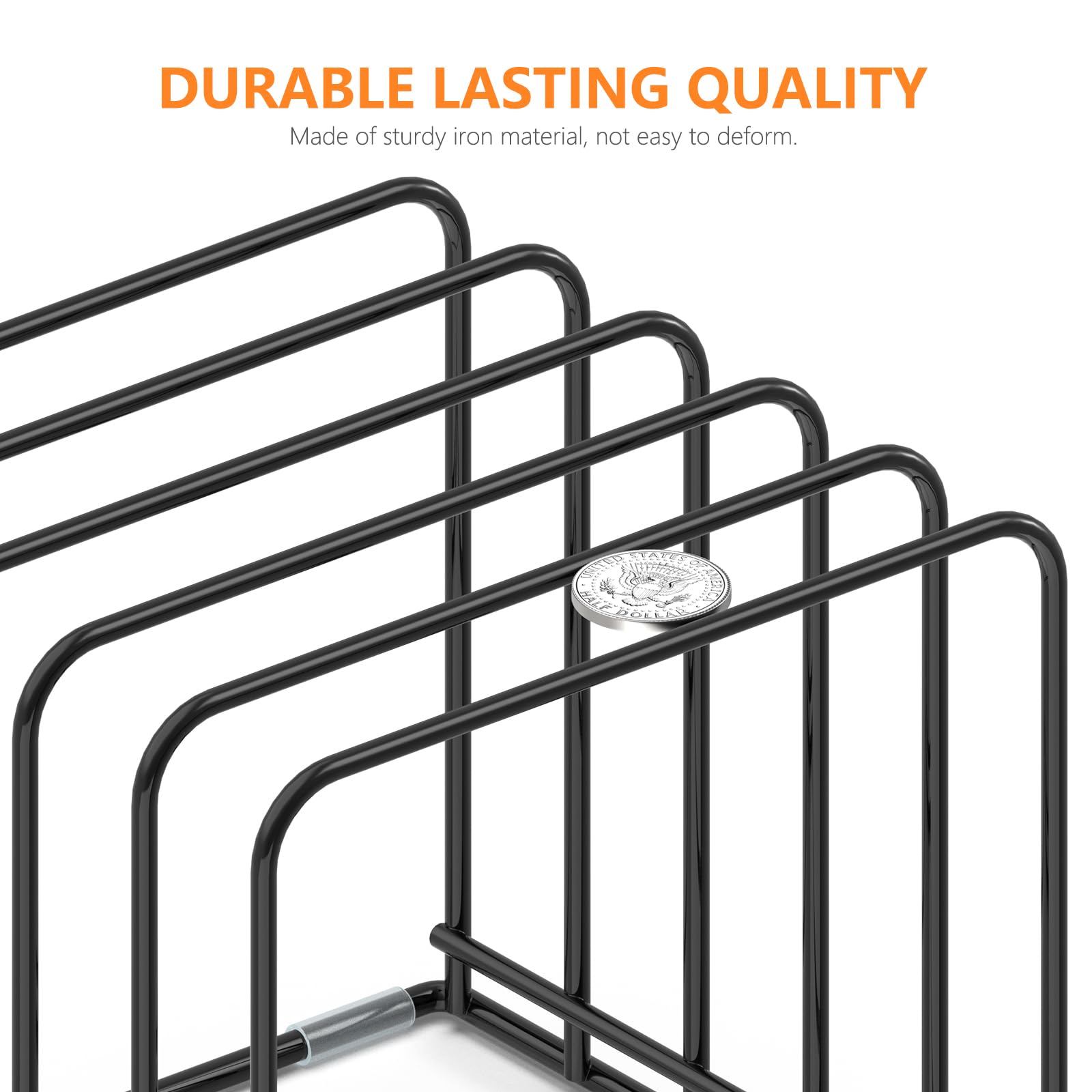 KORRTFID bakeware rack with five compartments keeps cookie sheets organized.