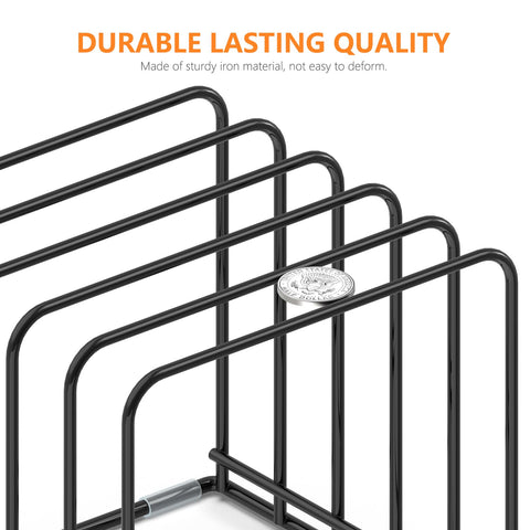 KORRTFID bakeware rack with five compartments keeps cookie sheets organized.