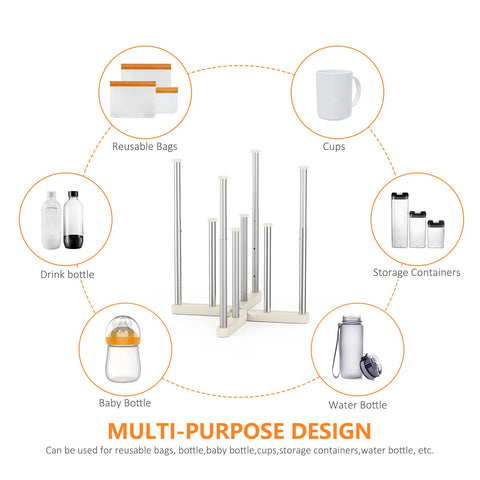 KORRTFID stable base drying rack supports diverse kitchen items.