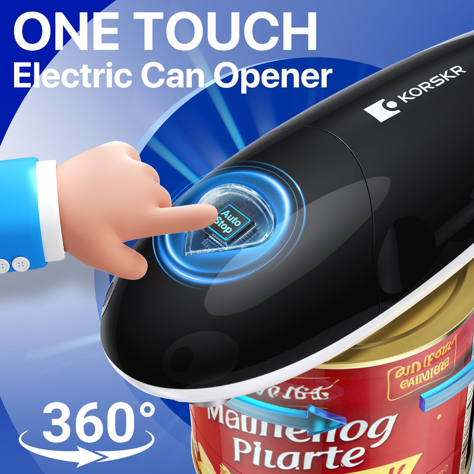 KORSKR automatic 360-degree rotation opens cans quickly and cleanly.