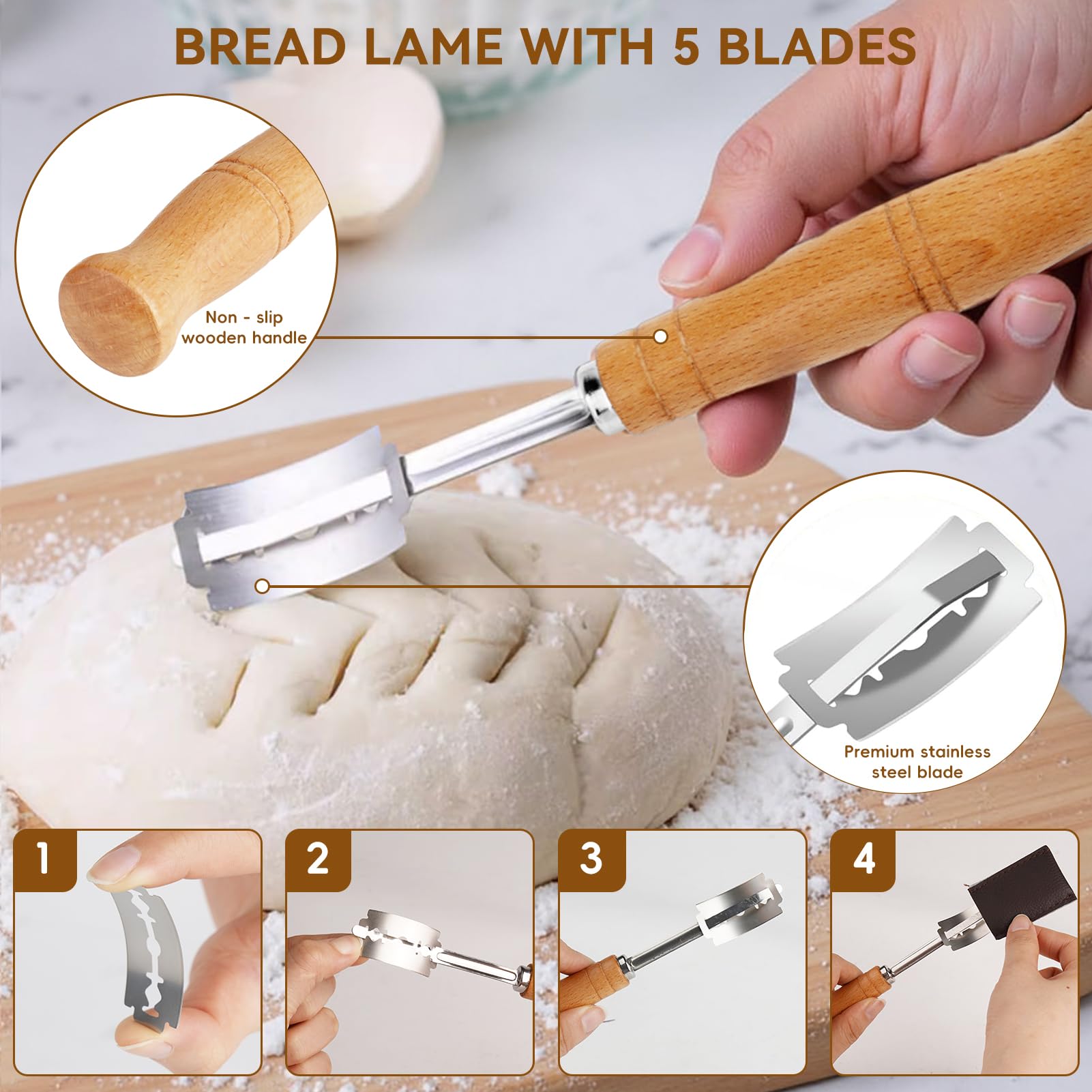KOSBON bread sling, lame, and scraper set for scoring