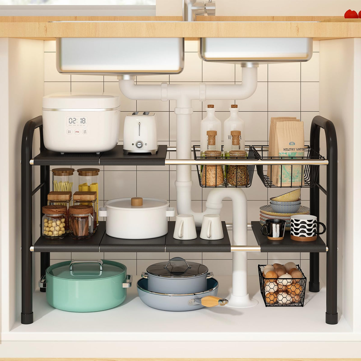 KOSIWU expandable under-sink organizer with two-tier design for efficient storage