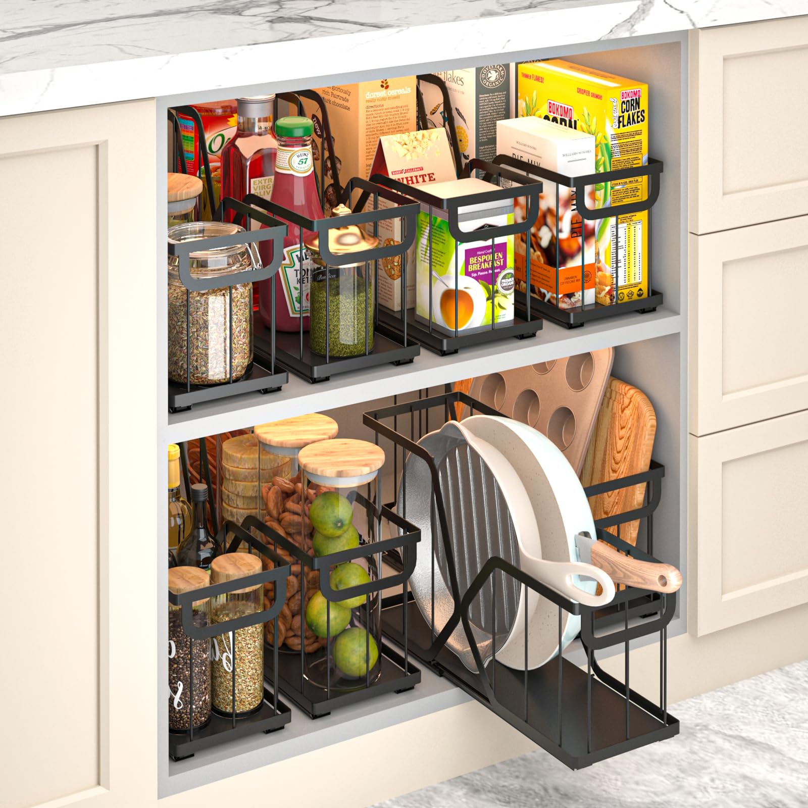 KOSIWU pull-out bakeware organizer front view shows tidy cabinet access.