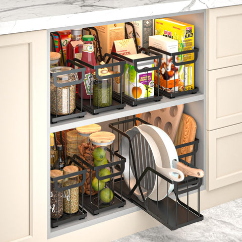 KOSIWU pull-out bakeware organizer front view shows tidy cabinet access.