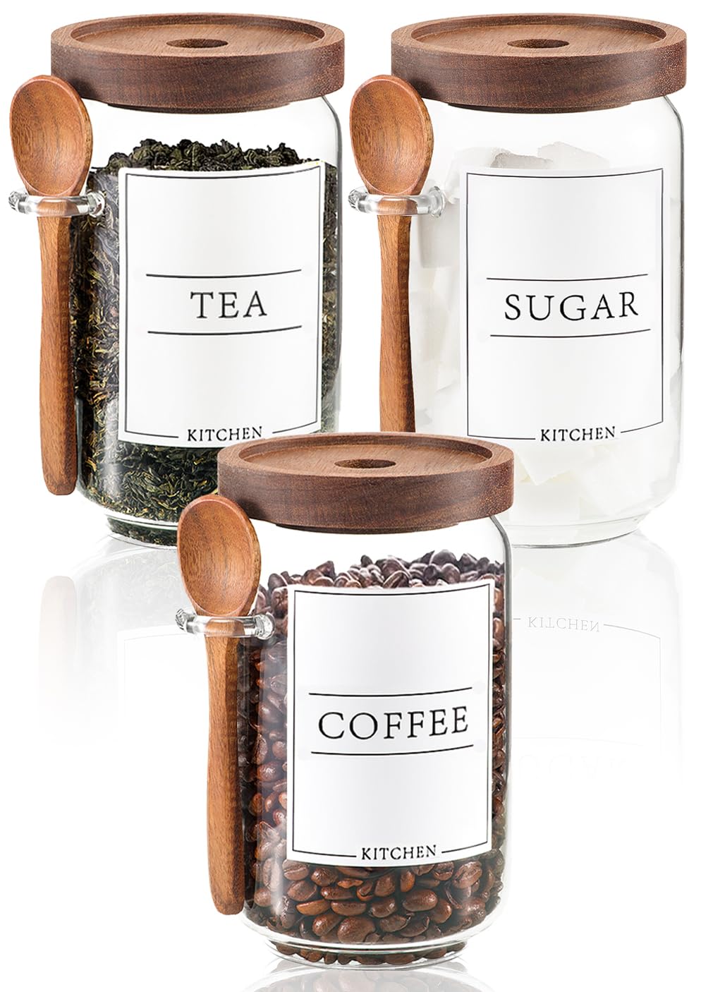 KOSKIMER coffee jar set with wooden lids and scoops keeps beans fresh on the counter.