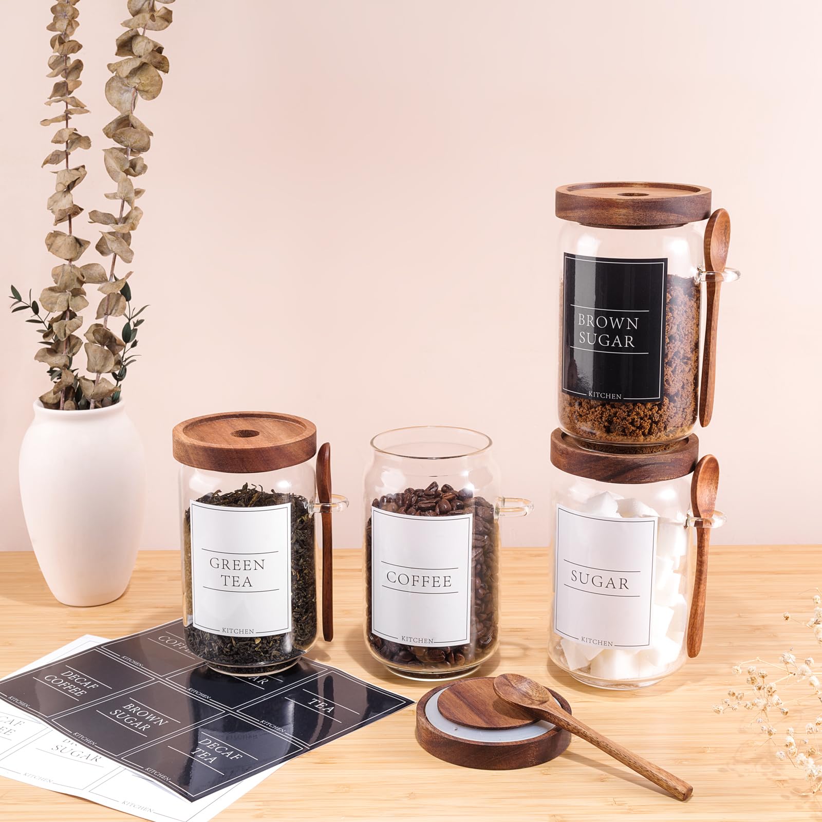 KOSKIMER kitchen display on countertop creates stylish storage for coffee, sugar, and tea.