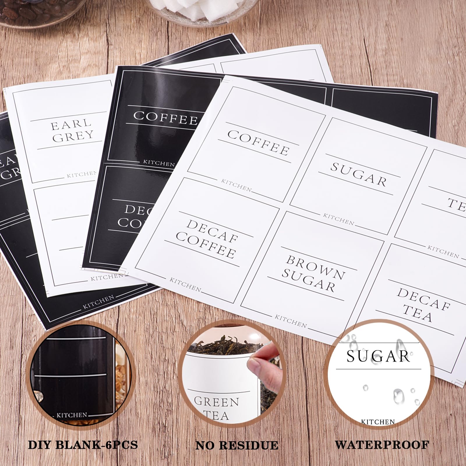 KOSKIMER white and black labels enhance canister organization with waterproof durability.