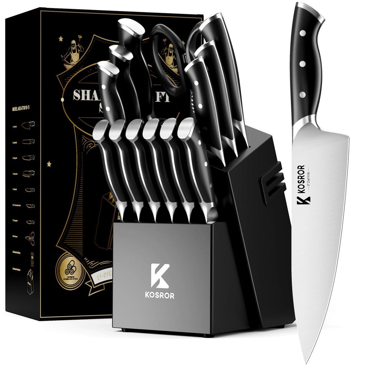KOSROR ShadowCraft knife-set front view showing full-tang design for balanced control.