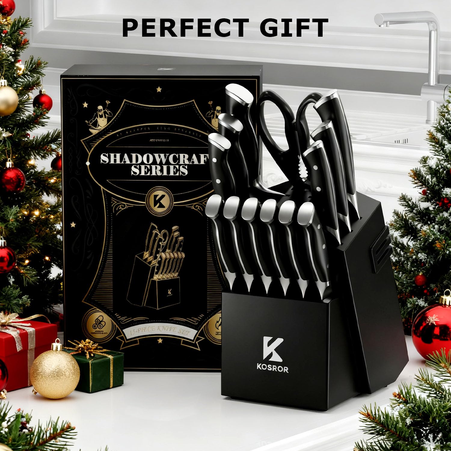 KOSROR ShadowCraft oak wood knife block for stylish storage and protection.