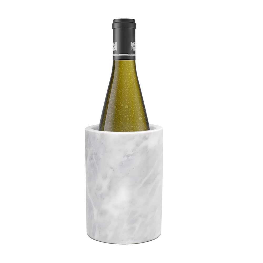 Kota Japan white marble bottle chiller on countertop keeps wine at optimal temperature.
