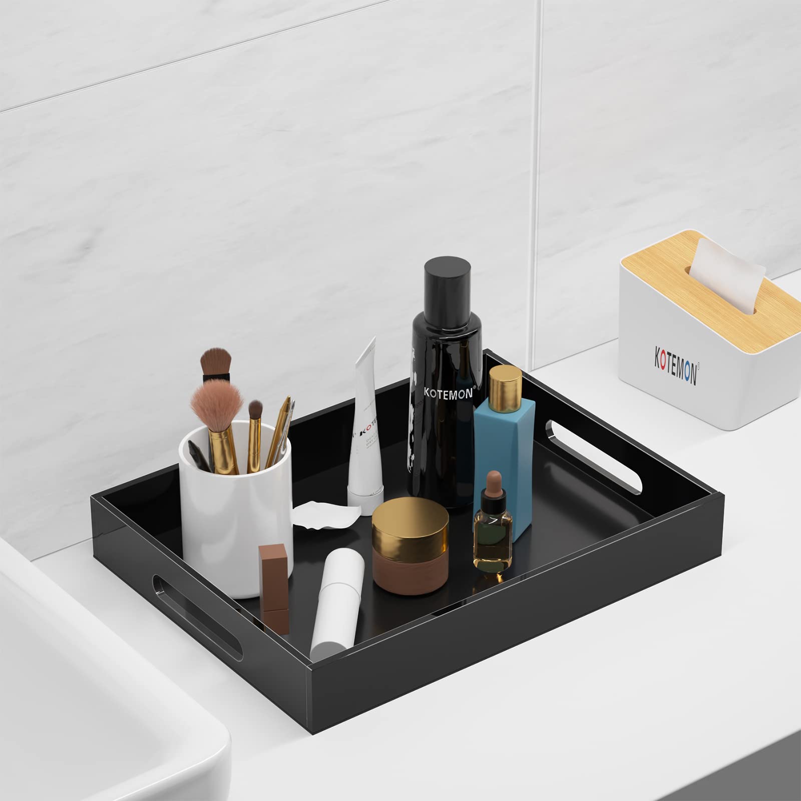 Kotemon clear acrylic tray offers a modern look for any surface.