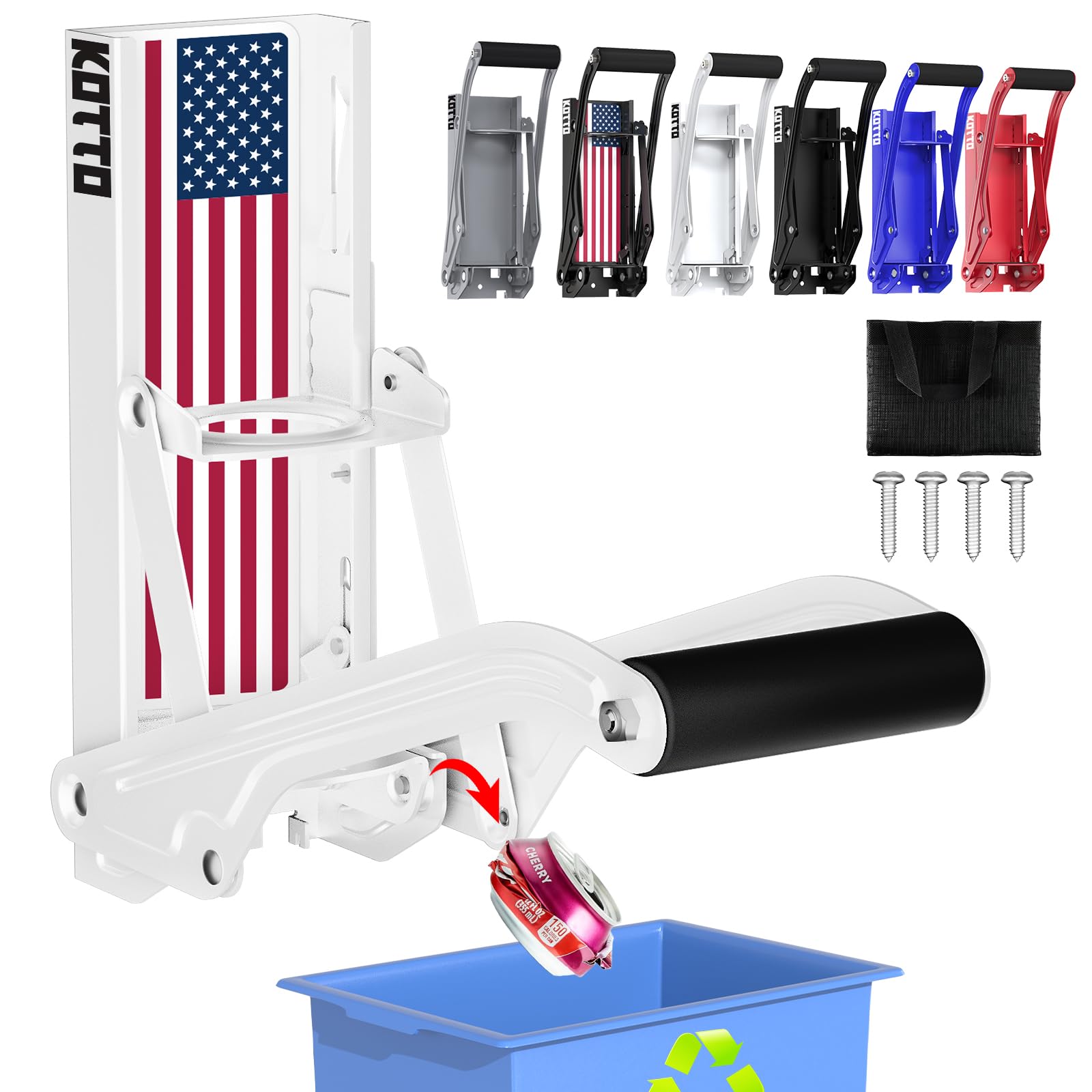 KOTTO auto-eject can crusher mounted on wall in white for easy recycling