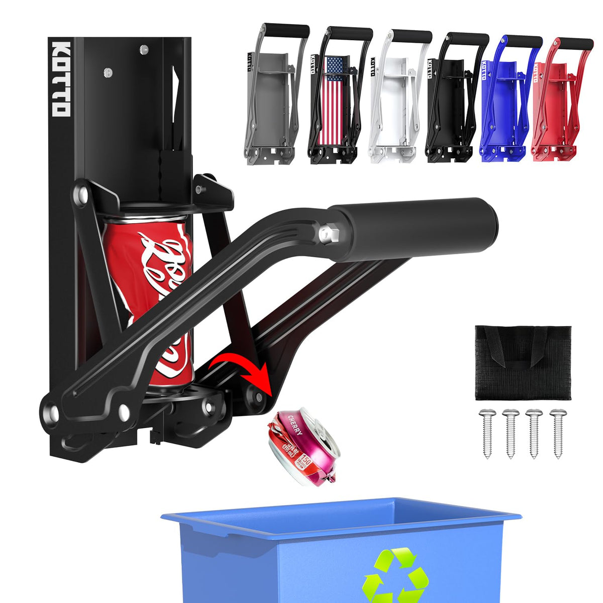 KOTTO can crusher wall-mounted front view demonstrates space-saving, hands-free recycling.
