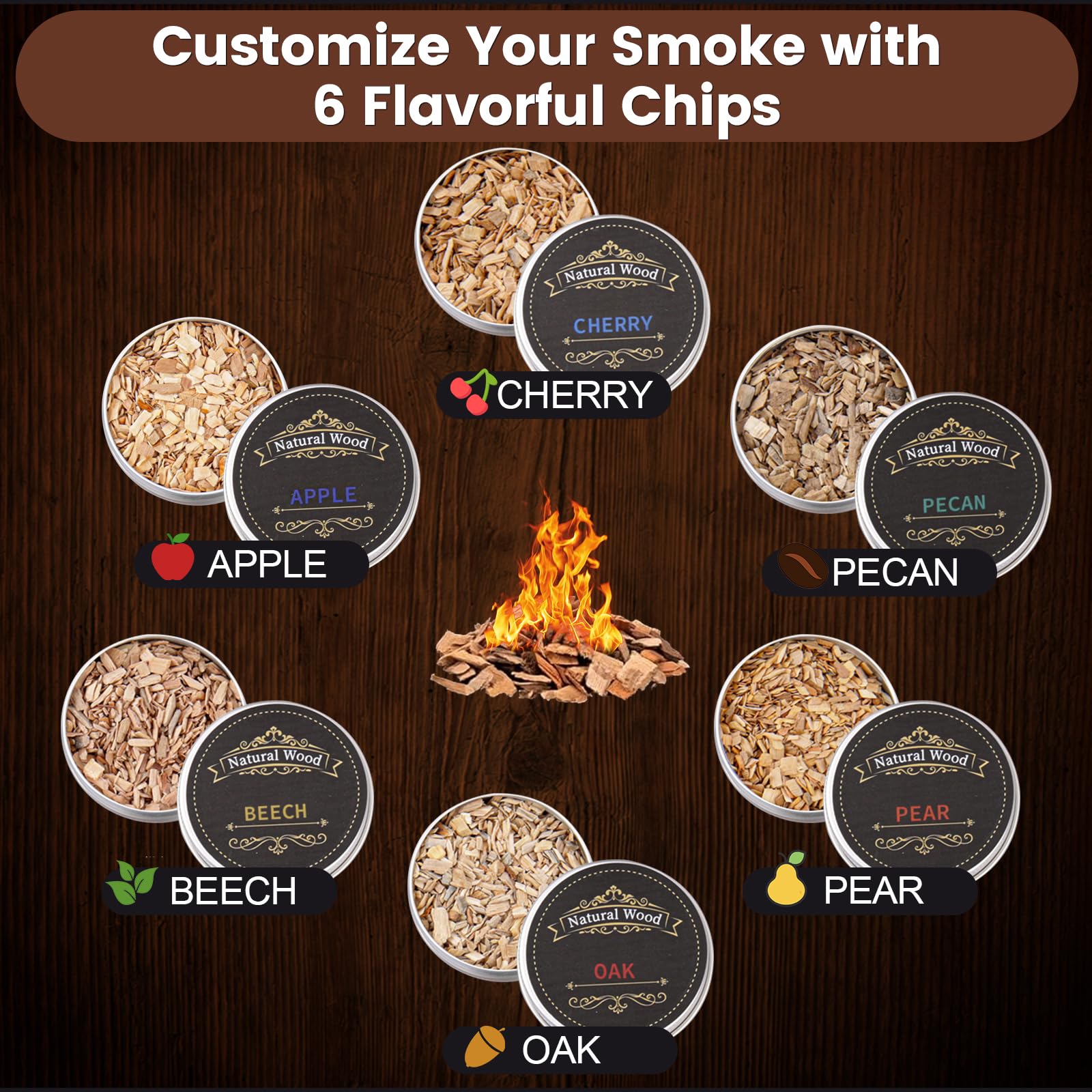 KOUARA wood chip flavors assortment: oak, applewood, pecan, cherry, pear, beech.