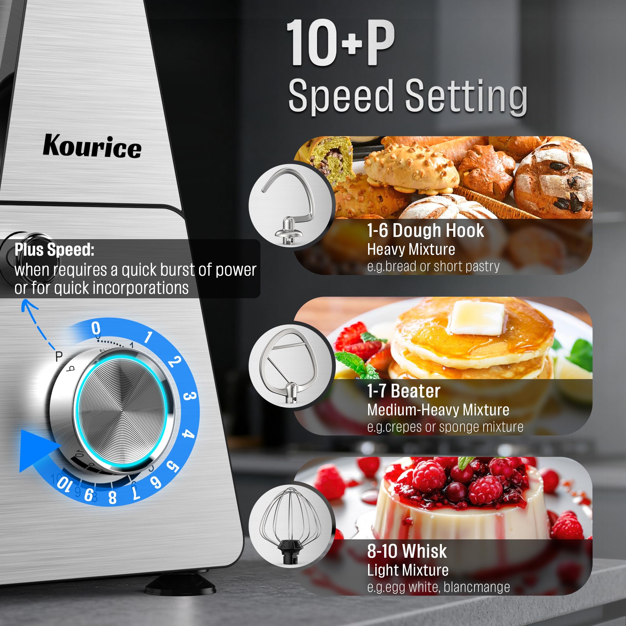 Kourice stand mixer 360-degree mixing demonstrates thorough blending across the bowl