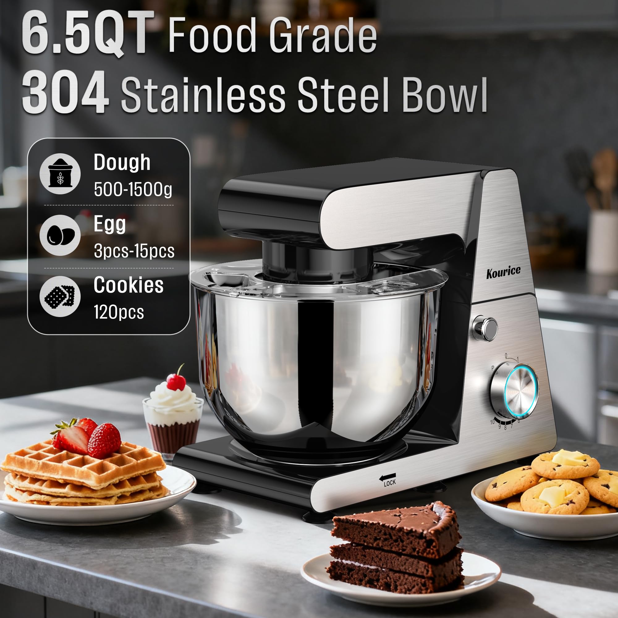 Kourice stand mixer accessory set includes whisk, dough hook and splash guard