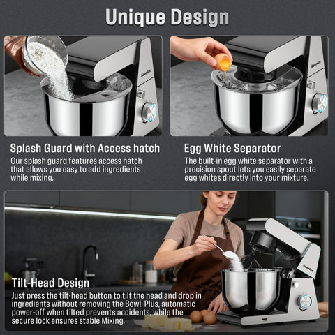 Kourice stand mixer tilt-head design enables easy attachment changes