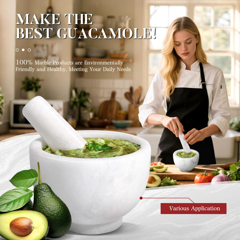 Koville guacamole-ready mortar and pestle for mashing ripe avocados.
