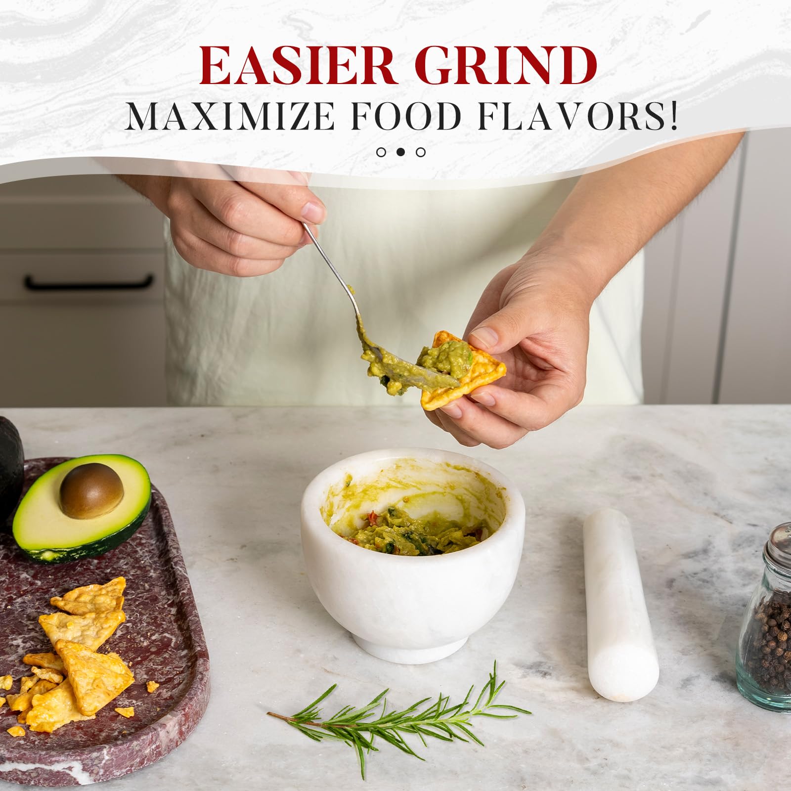 Koville heavy-duty mortar and pestle demonstrates durability for daily kitchen use.