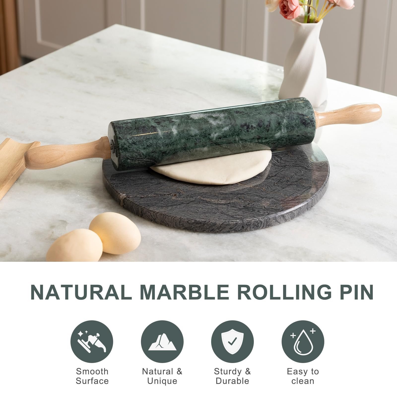 Koville rolling pin base display shows natural marble beauty in style