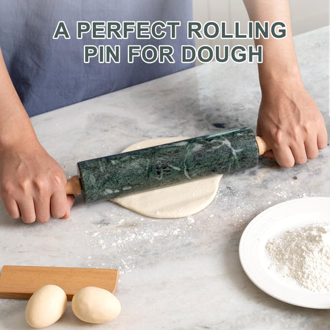 Koville green marble rolling pin in action for pizza dough