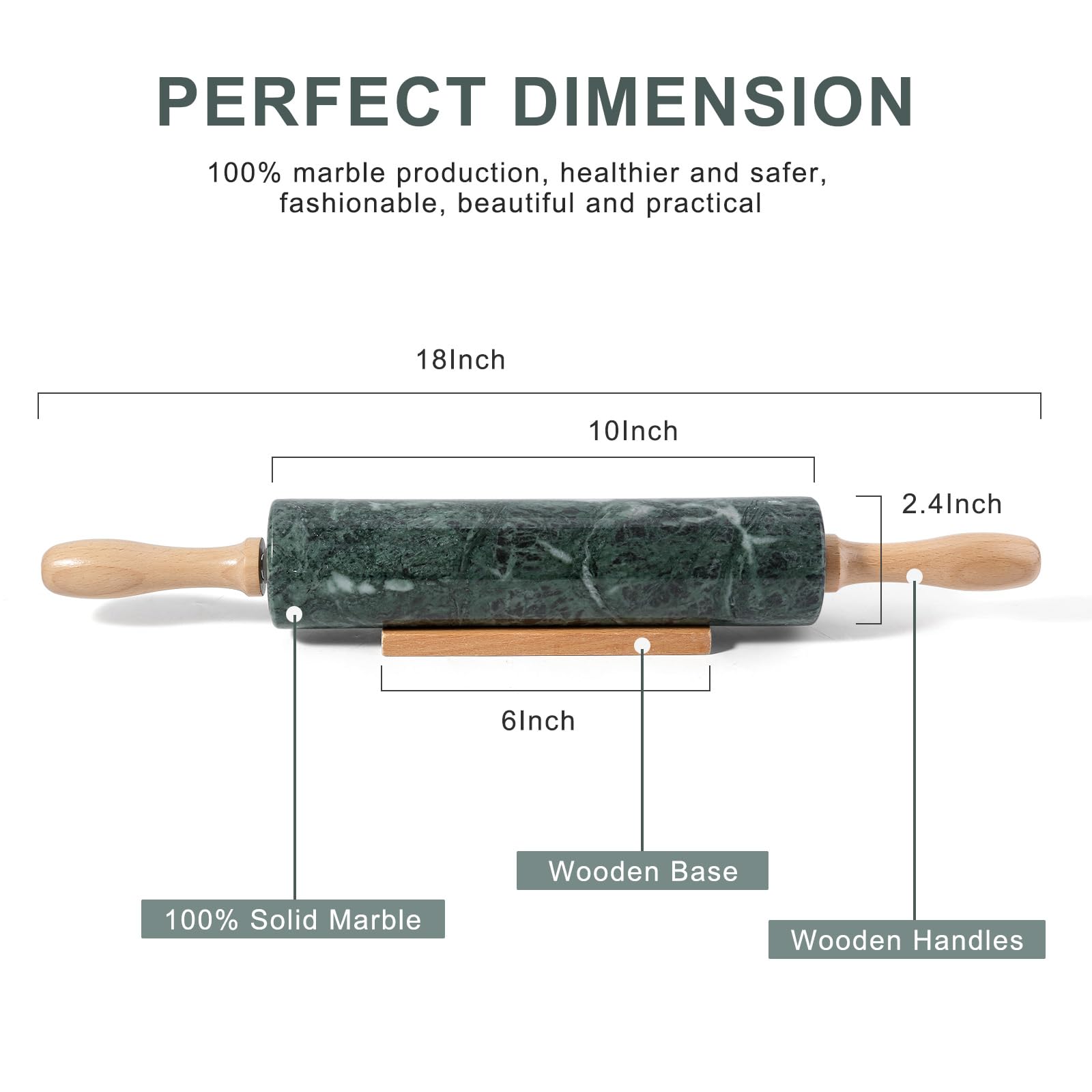 Koville Indian Green Marble rolling pin top view highlights unique veining for pastry work