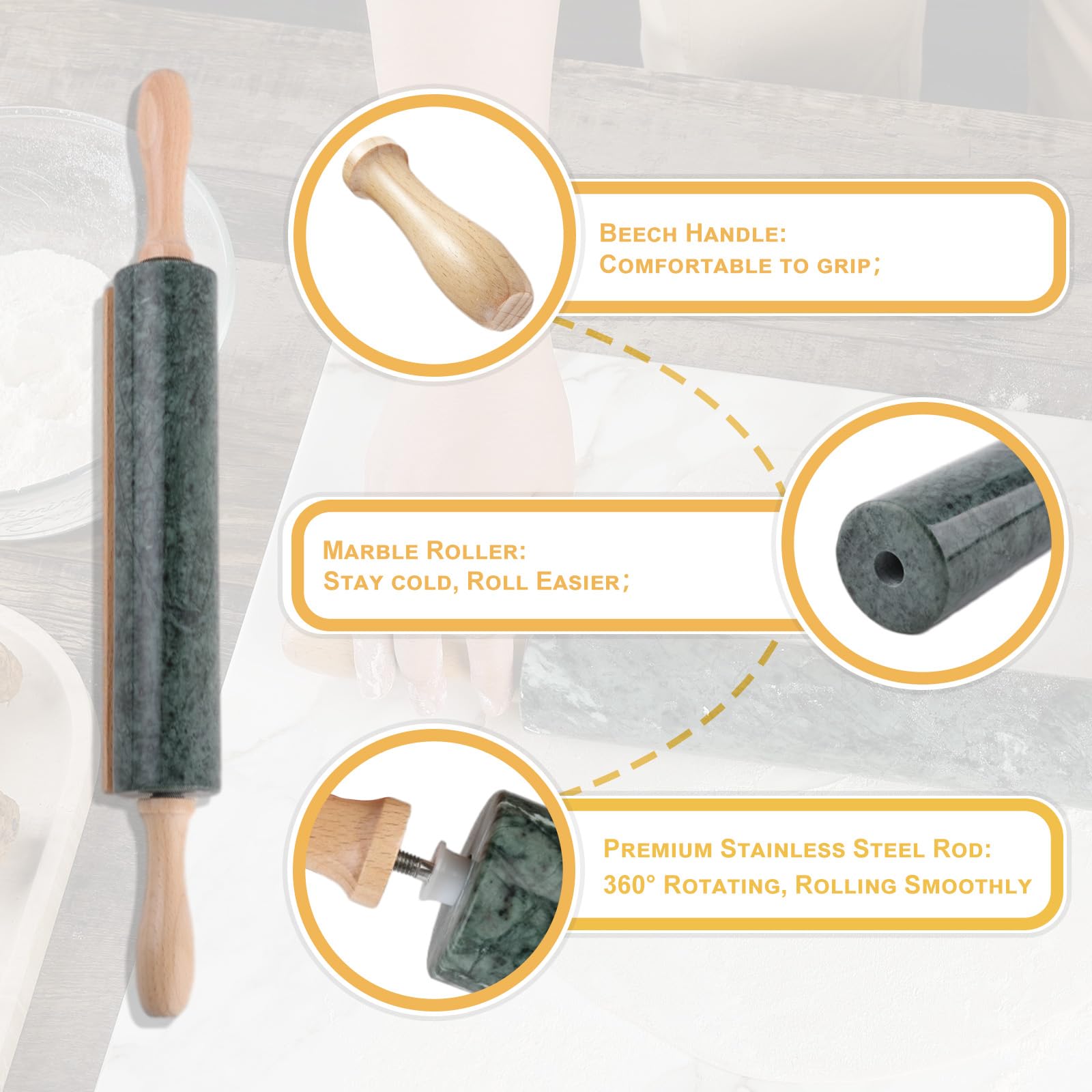 Koville Marble Rolling Pin heavy design provides stable rolling with less effort
