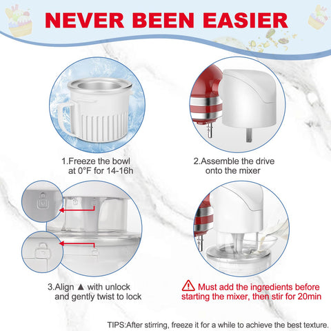 KOYOEY five-part assembly shown: drive, connector, dasher, freezer bowl, handle.