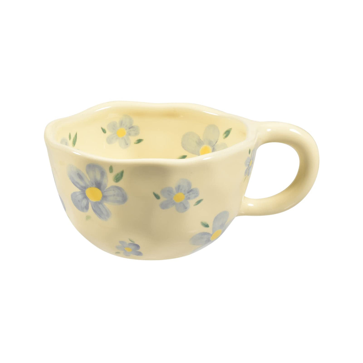 Koythin ceramic coffee mug blue flower front view, ideal for everyday coffee or tea at home or office.