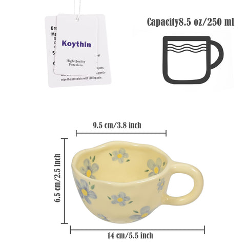 Koythin ceramic coffee mug blue flower handle detail, comfortable grip for long study sessions.