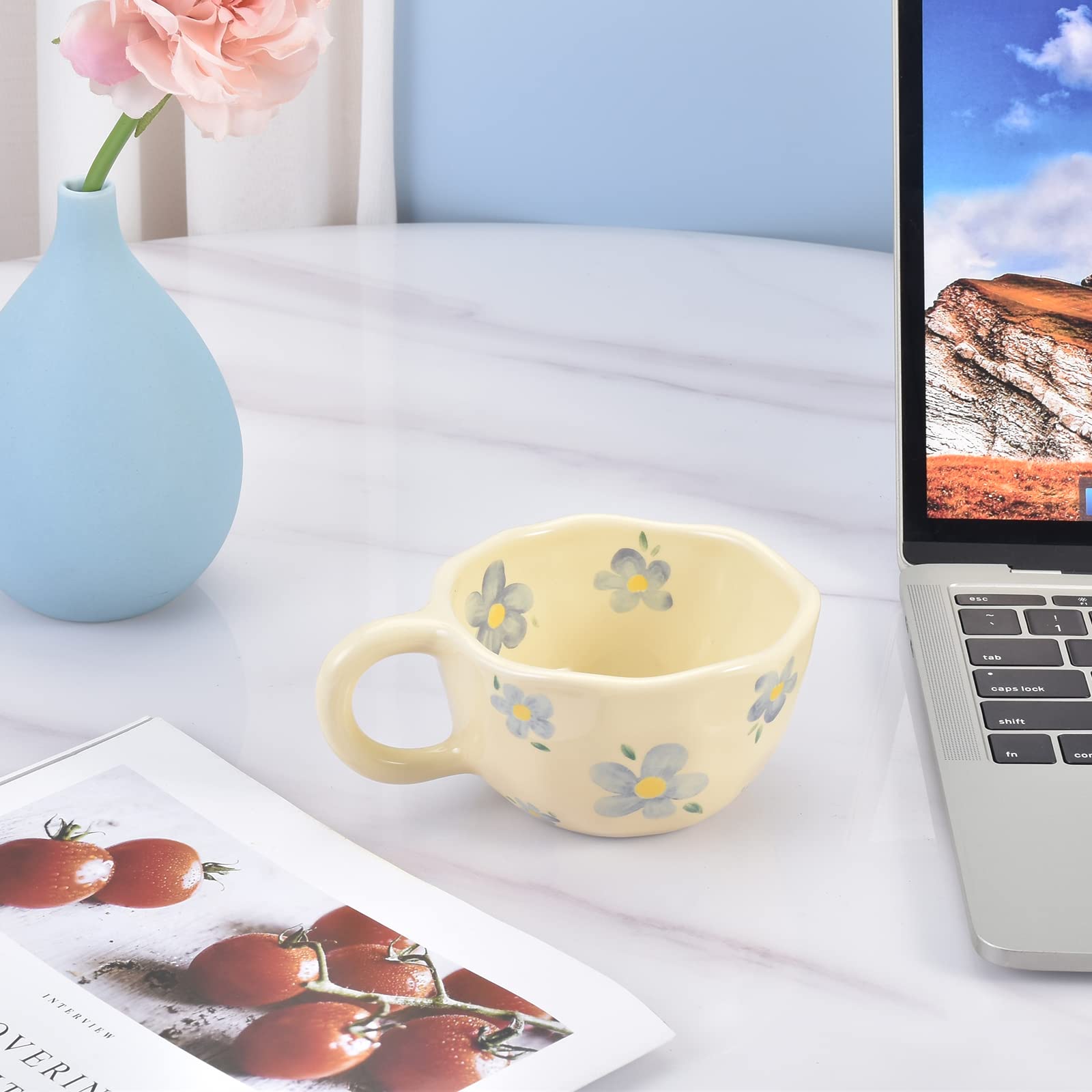 Koythin ceramic coffee mug blue flower matte finish adds elegant style.