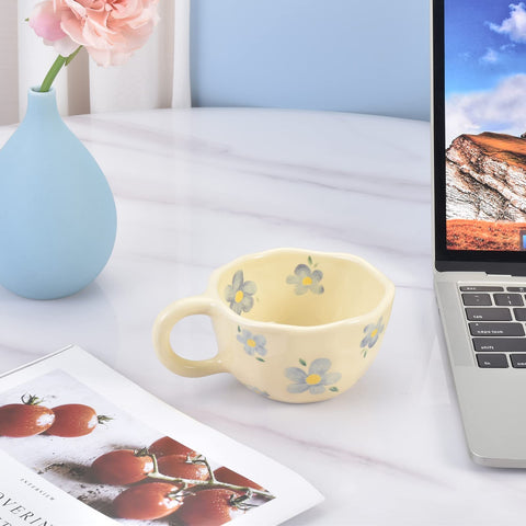 Koythin ceramic coffee mug blue flower matte finish adds elegant style.