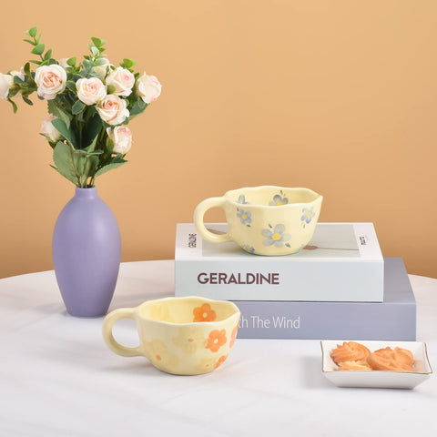 Koythin ceramic coffee mug blue flower microwave safe for quick reheats.